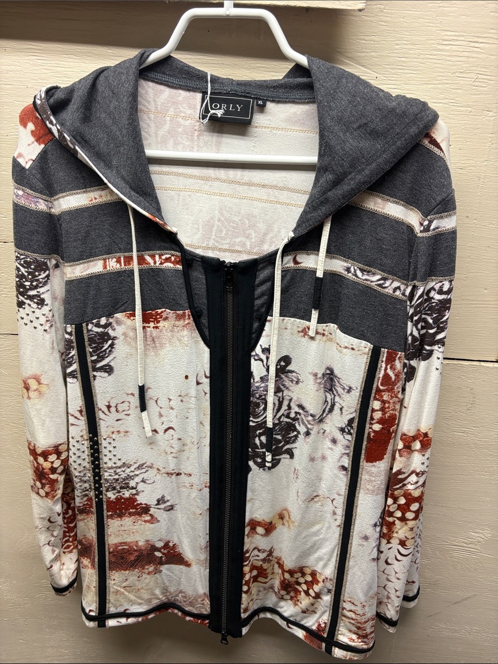 Orly Hooded Zip-Up Sweatshirt - White & Charcoal with Rust Accents